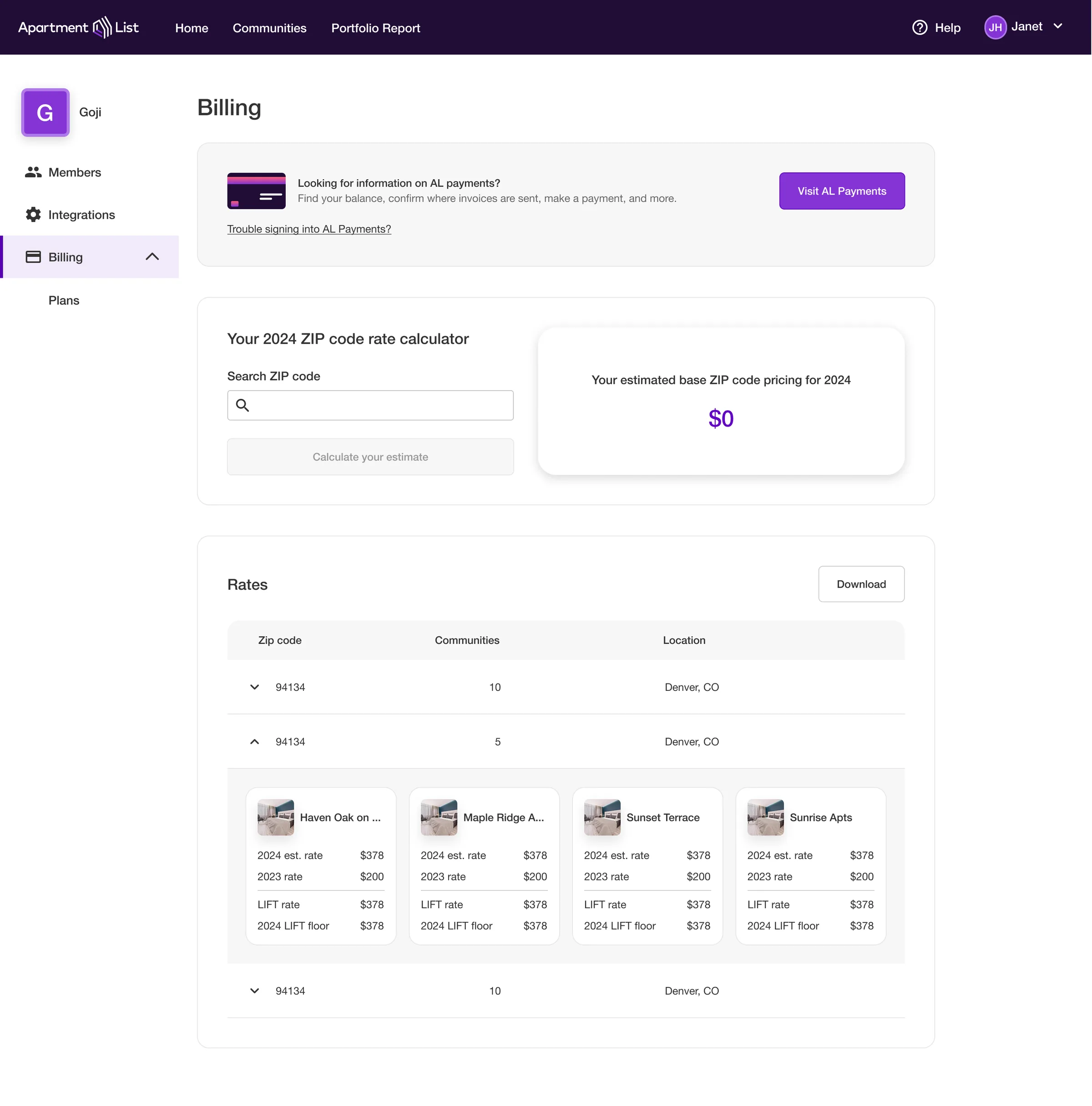 The shipped Billing screen: a 2024 ZIP code rate calculator with a search field and an estimated base price of $0 before a code is entered, and beneath it a Rates table grouped by ZIP code, with one row expanded to show four communities, each with its 2024 estimated rate, 2023 rate, LIFT rate, and 2024 LIFT floor.