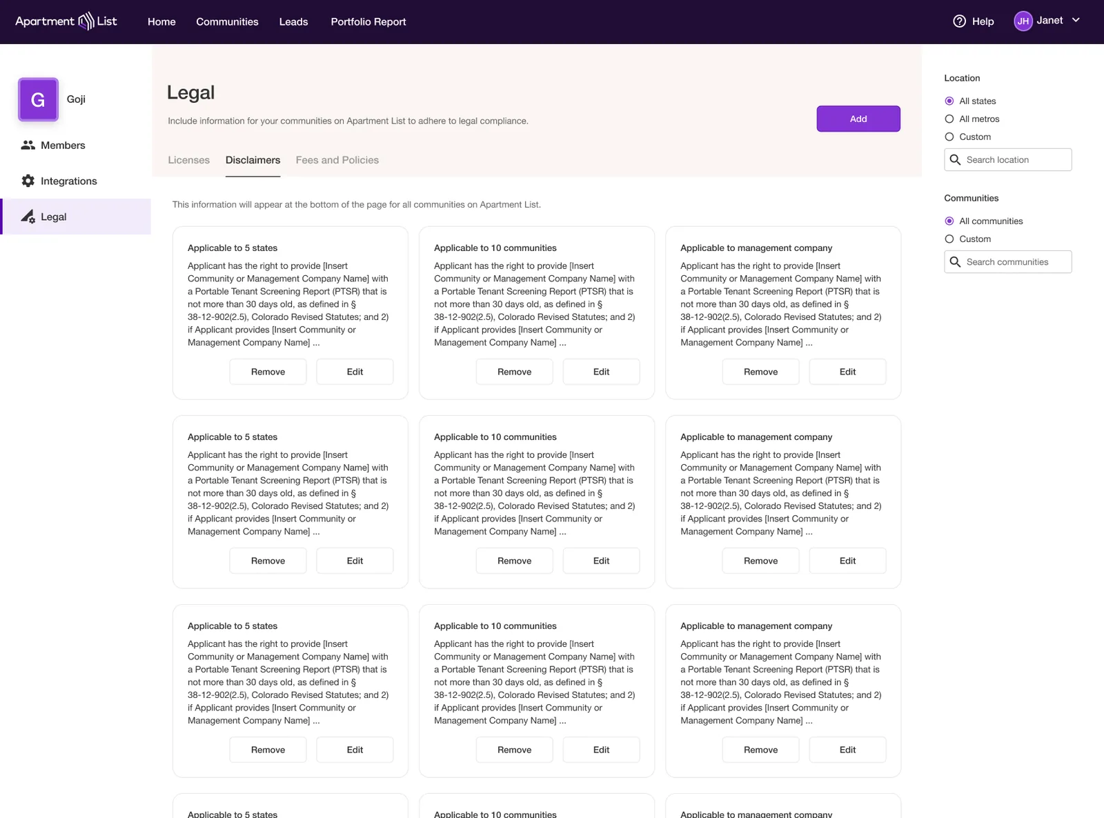 Disclaimer templates applied to a listing.
