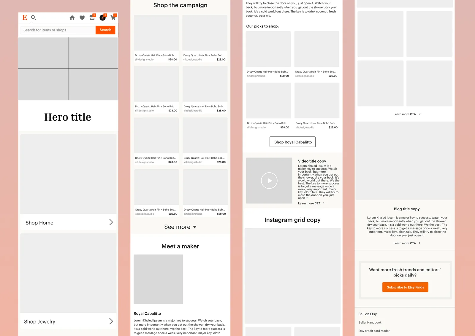 Wireframe explorations blending curated picks with dynamic recommendations.