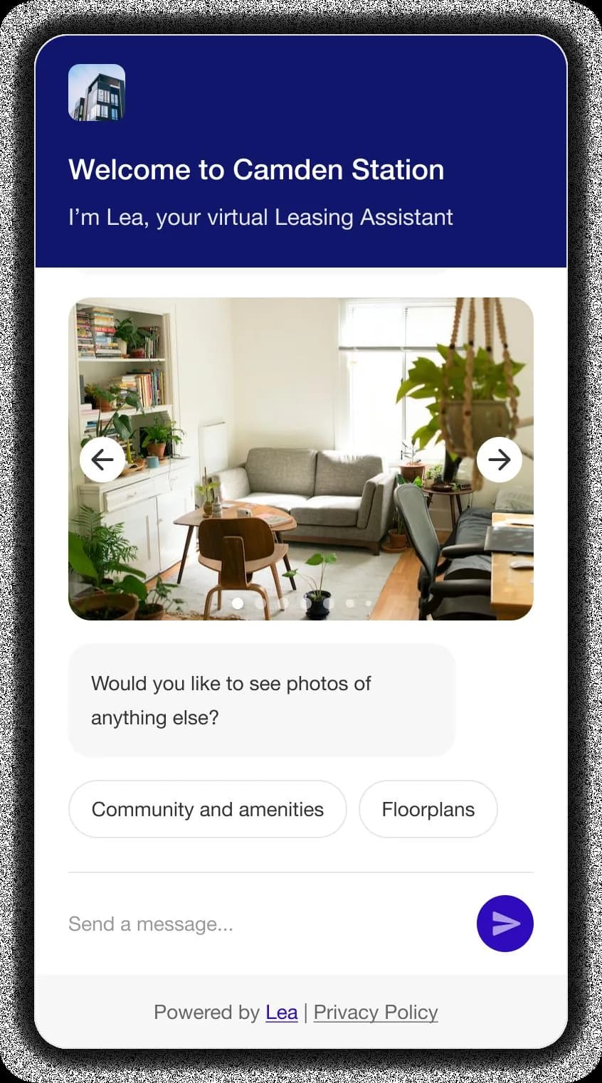 The leasing chatbot on a phone. A header reads welcome to Camden Station, I'm Lea, your virtual leasing assistant, over a swipeable photo gallery, a prompt asking whether the renter would like to see photos of anything else, and reply chips for community and amenities or floorplans.