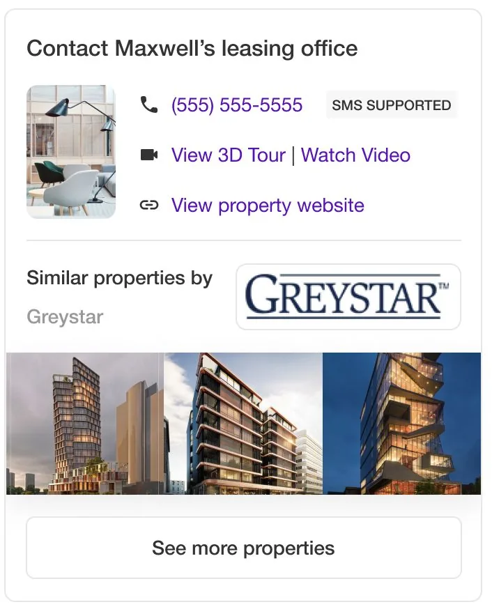 The redesigned lockup. A contact block heads the card with a phone number marked SMS supported, a 3D tour and video link, and a property website link, above the management company's logo and a row of three of its other properties under a see-more link.