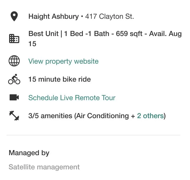 The listing before the change. Address, unit details, a property website link, and a remote tour link, then a managed-by row naming the management company in grey text with no logo and no way to contact it.