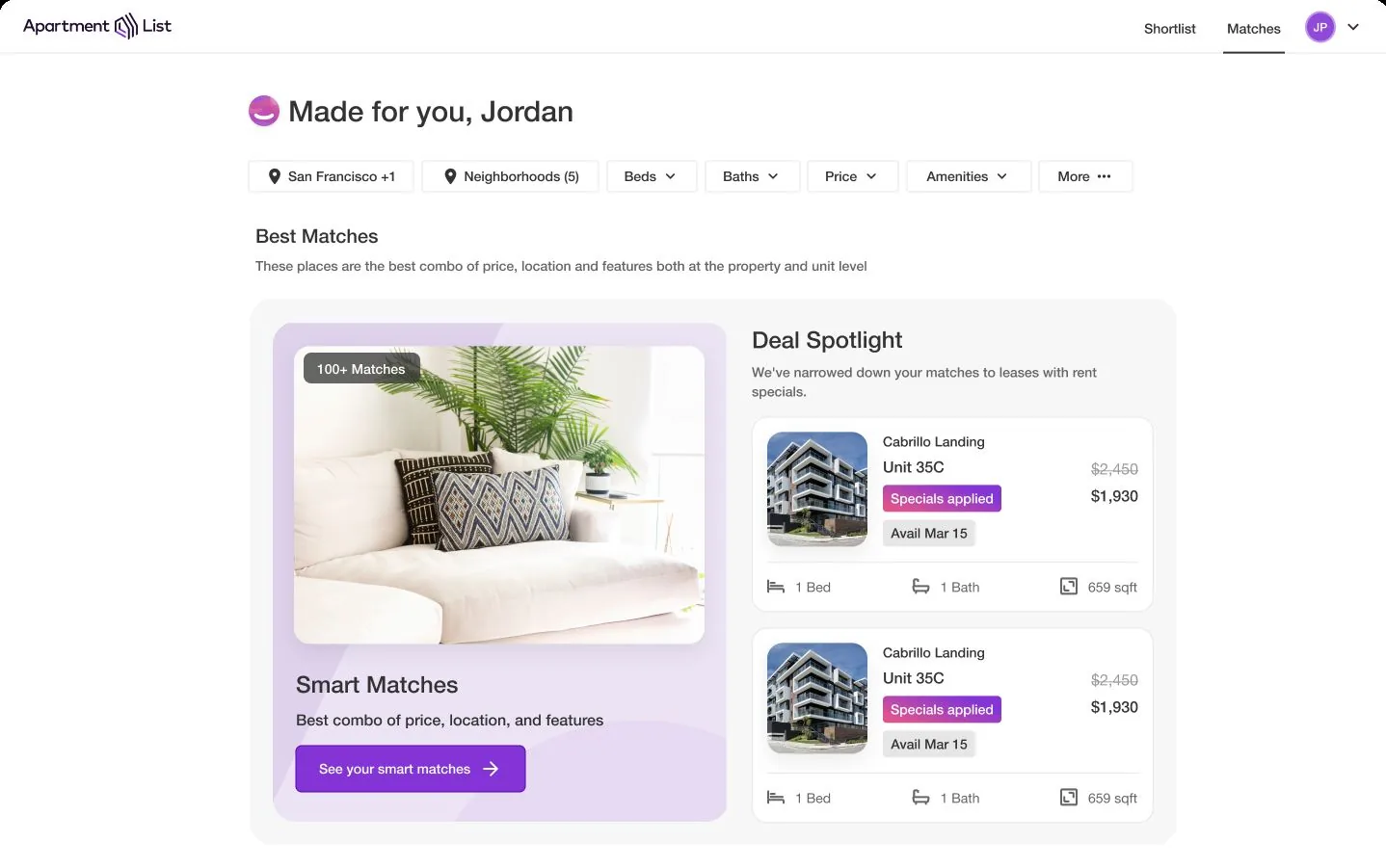 The Deal Spotlight panel on a renter's matches page. Two promoted units from the same property sit in a bordered slot beside the organic smart-matches card, each showing a struck-through rent, a discounted price, and a specials-applied tag.