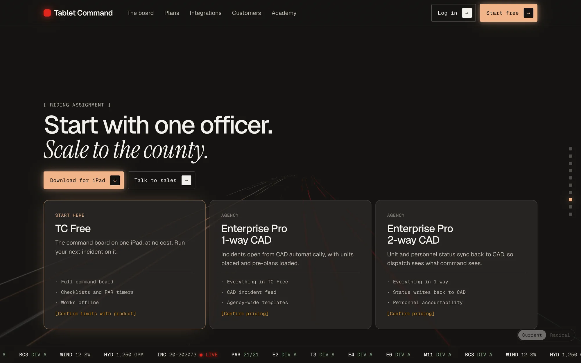 The Current plans section: the headline Start with one officer. Scale to the county., Download for iPad and Talk to sales buttons, and three rounded cards: TC Free, Enterprise Pro 1-way CAD, and Enterprise Pro 2-way CAD, each ending in an orange Confirm marker.