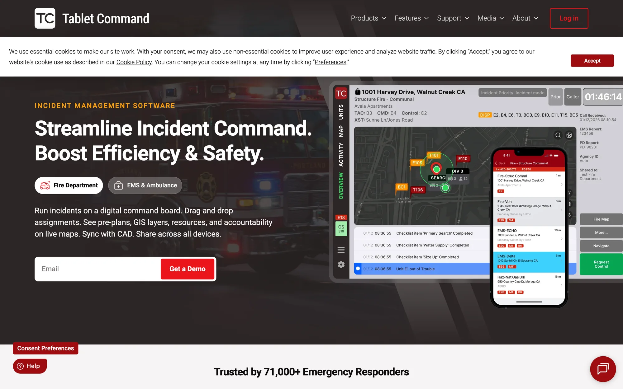 The live tabletcommand.com homepage at 1440px: a dark header with the TC logo and five menus, a cookie consent bar, the headline Streamline Incident Command. Boost Efficiency & Safety., Fire Department and EMS & Ambulance toggles, an email field with a red Get a Demo button, and a real product screenshot of a tablet and phone beside it.