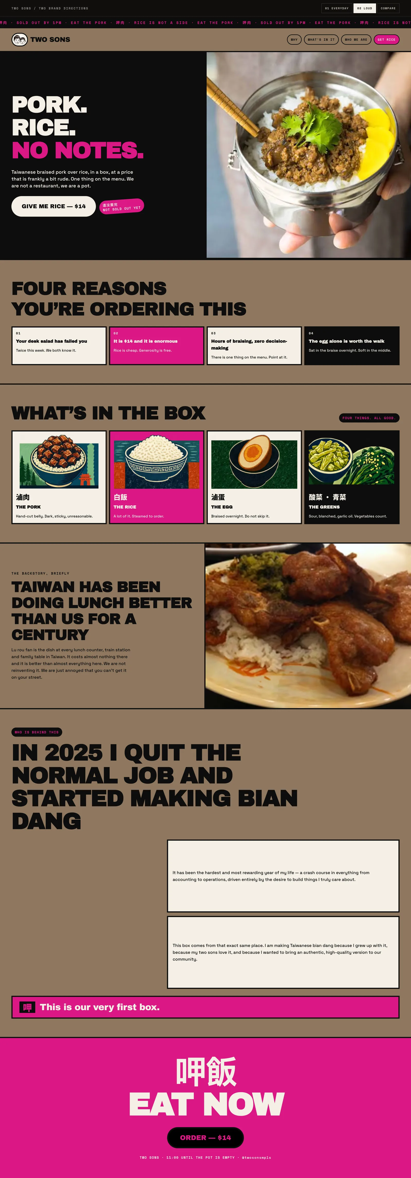 The full Loud page, with a ticker, large all-caps headlines, tiled panels, and the same badges set on magenta.