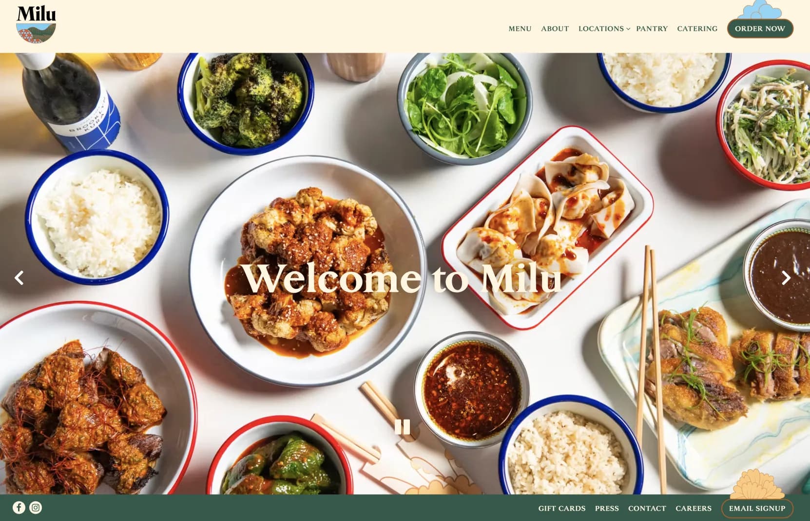 The Milu homepage: a cream header with a serif wordmark, and an overhead photo of dishes in red- and blue-rimmed enamel bowls under the words Welcome to Milu.