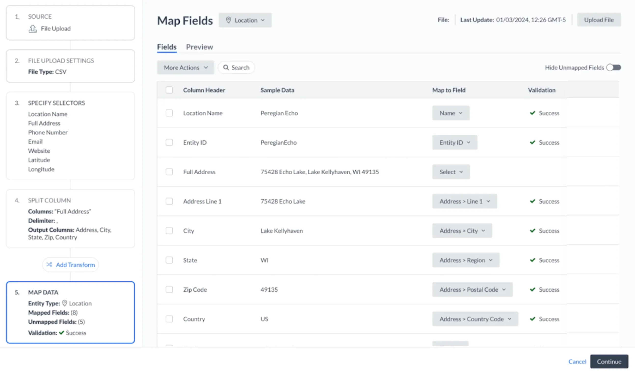 The Map Fields step. A five-step rail runs down the left — source, file upload settings, specify selectors, split column, map data — beside a table pairing every column header in the uploaded file with the field it maps to, each row carrying its own validation result.