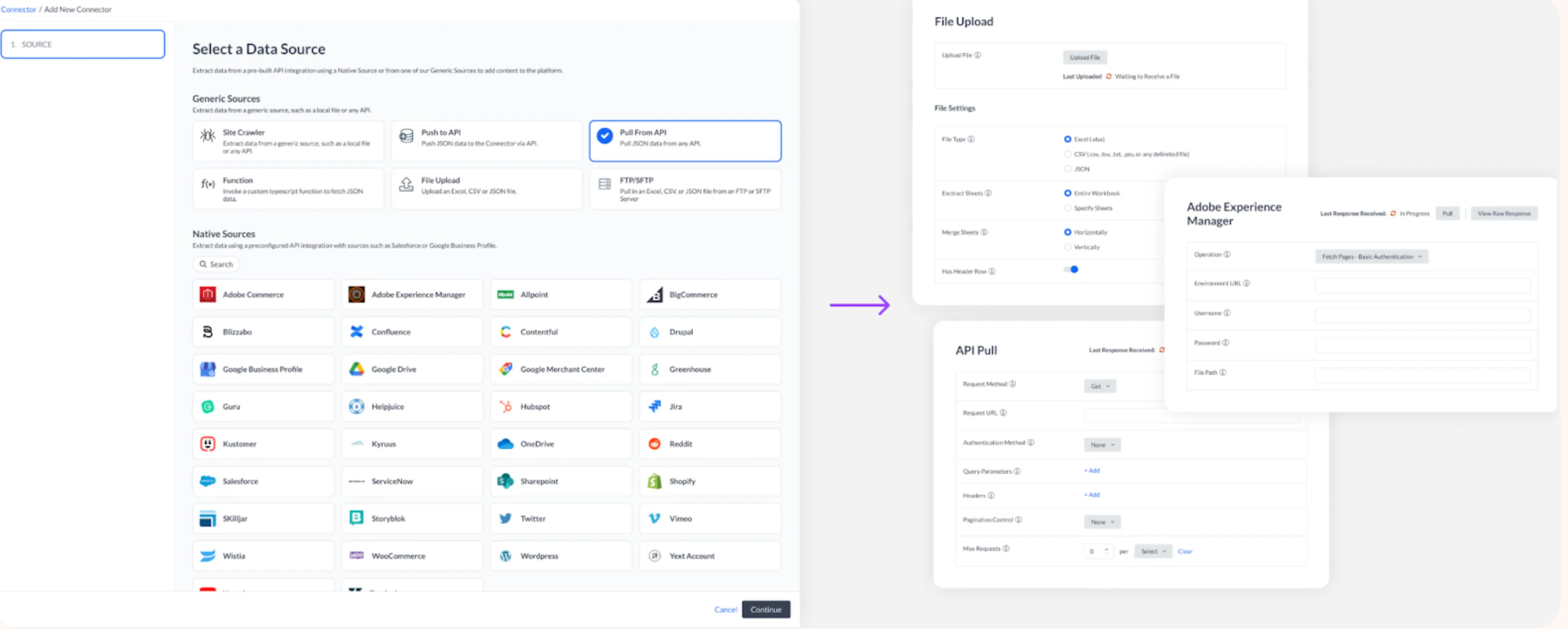 The Add New Connector step. Generic sources — site crawler, push to API, pull from API, function, file upload, FTP or SFTP — sit above a grid of prebuilt native sources including Salesforce, Sharepoint, Google Drive and Shopify. To the right, the file upload settings and API pull configuration panels.