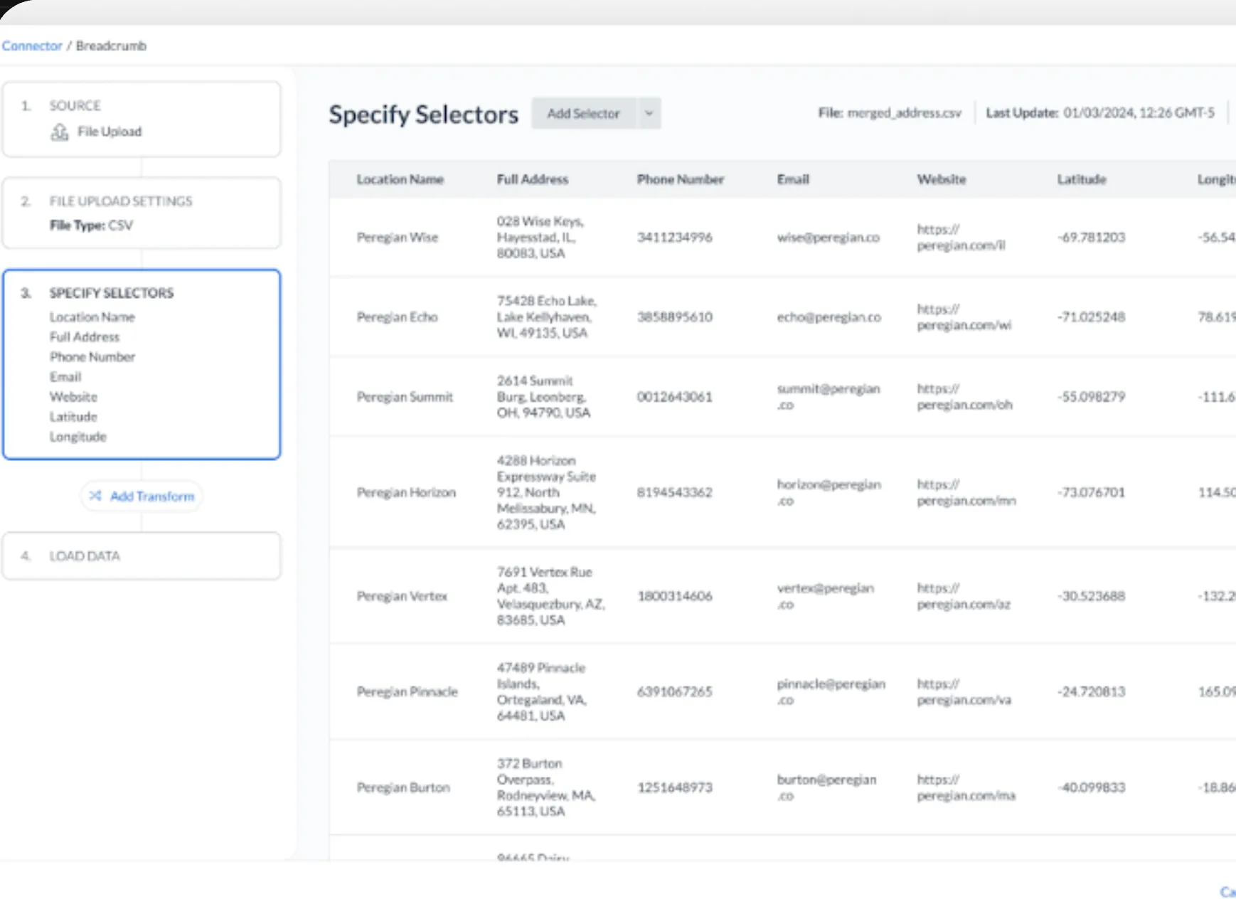 The Specify Selectors step. The four-step rail sits on the left with the active step outlined; on the right, a live table of the uploaded CSV showing location name, full address, phone number, email, website, latitude and longitude for each row.