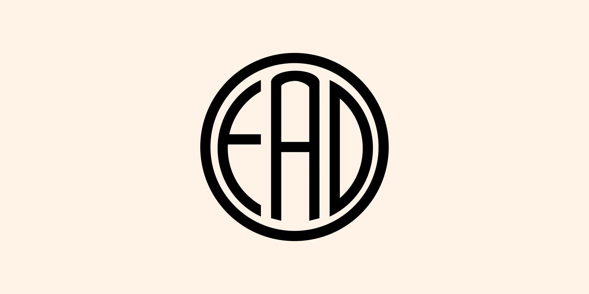 The FAD logotype in black on cream: the letters F, A, and D drawn tall and narrow inside a ring. The F is an arc with a crossbar, the A is a round-topped arch, and the D is a half circle, so together the three letters fill the circle.