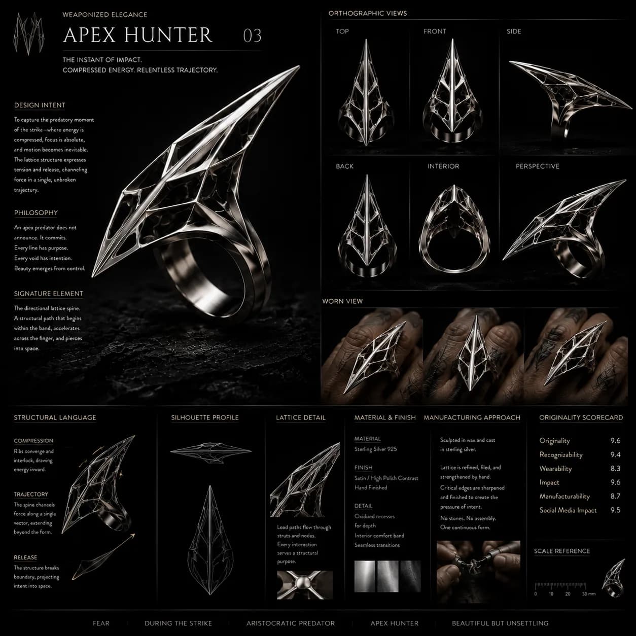 A single-ring board for Apex Hunter 03: a swept lattice form with design intent, philosophy, and signature-element notes on the left, six orthographic views and three worn views on the right, and structural language, silhouette profile, lattice detail, and material notes along the foot.