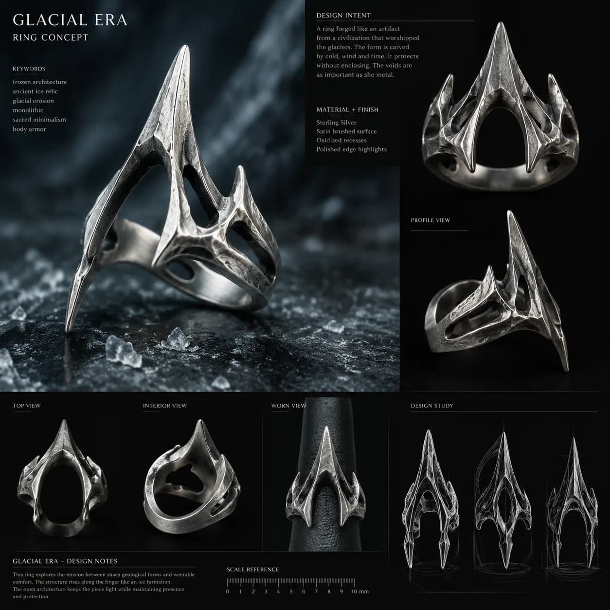 The Glacial Era ring concept board: a tall, sharply pointed silver ring shot against dark ice, with a keyword list, a design-intent paragraph, a material and finish list, and top, interior, profile, and worn views beneath it, plus a millimetre scale reference and three silhouette studies.