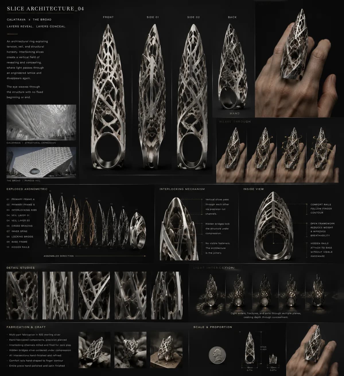 The Slice Architecture 04 board, credited to Calatrava and The Broad, with two architectural reference photographs at the left, four orthographic views of a tall pierced lattice ring, an exploded axonometric naming ten components, an interlocking-mechanism diagram, detail studies, and a scale comparison against a coin.