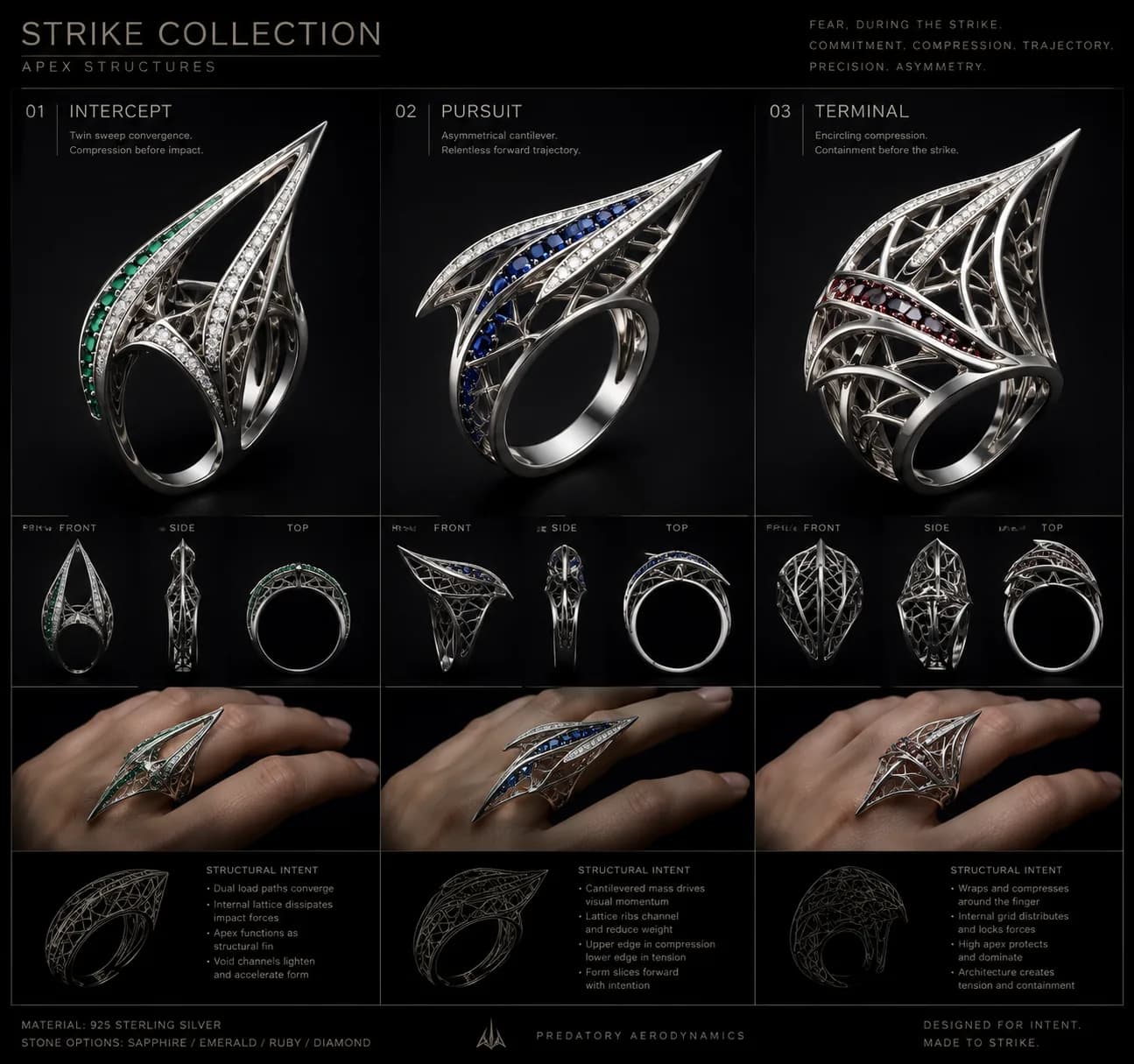 The Strike Collection board: three lattice rings named Intercept, Pursuit, and Terminal, each with front, side, and top views, a worn view, and a structural-intent list describing dual load paths, cantilevered mass, internal lattice that dissipates impact forces, and edges held in compression or tension.