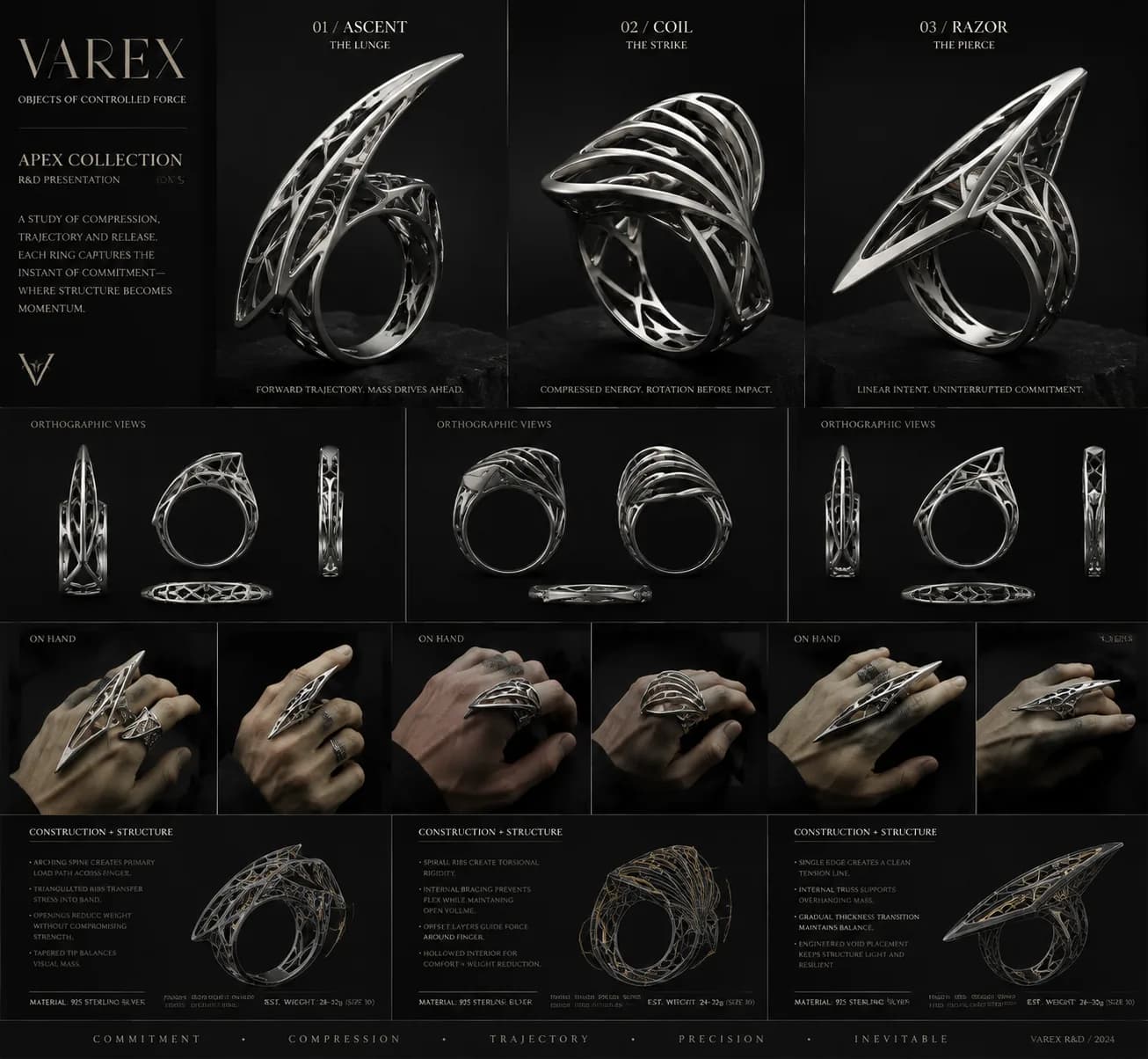 A VAREX Apex Collection R&D presentation board showing three rings named Ascent, Coil, and Razor, each with orthographic views, on-hand photographs, and a construction and structure list describing load paths, torsional rigidity, and thickness transitions.