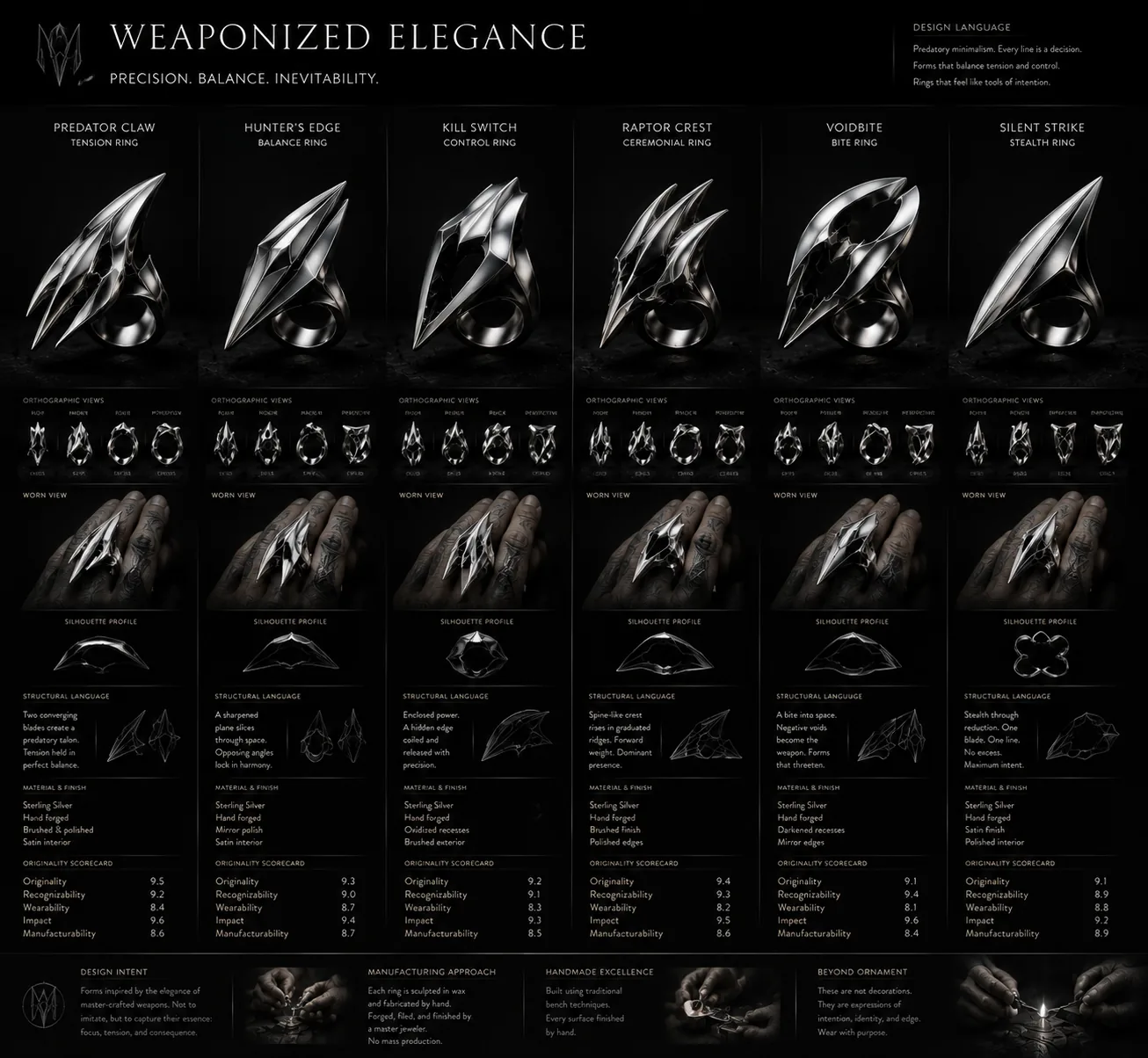 A six-column comparison board titled Weaponized Elegance, showing rings named Predator Claw, Hunter's Edge, Kill Switch, Raptor Crest, Voidbite, and Silent Strike. Each column carries the same rows: orthographic views, a worn view, a silhouette profile, a structural-language note, material and finish, and a scorecard.