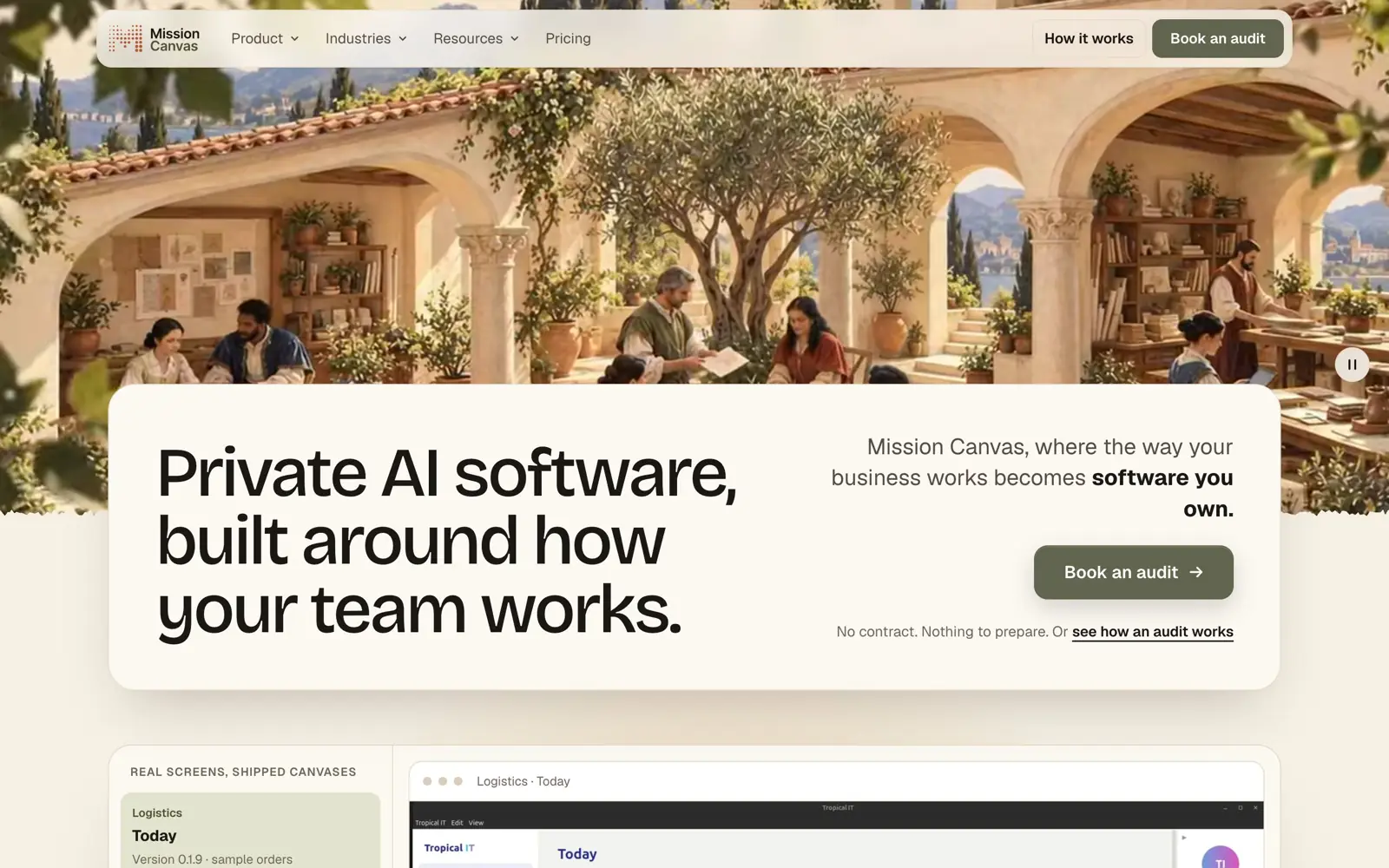 Daybreak after the fix: a shorter crop of the same courtyard, with a parchment card overlapping its lower edge that holds the headline Private AI software, built around how your team works., the tagline, and an olive Book an audit button.