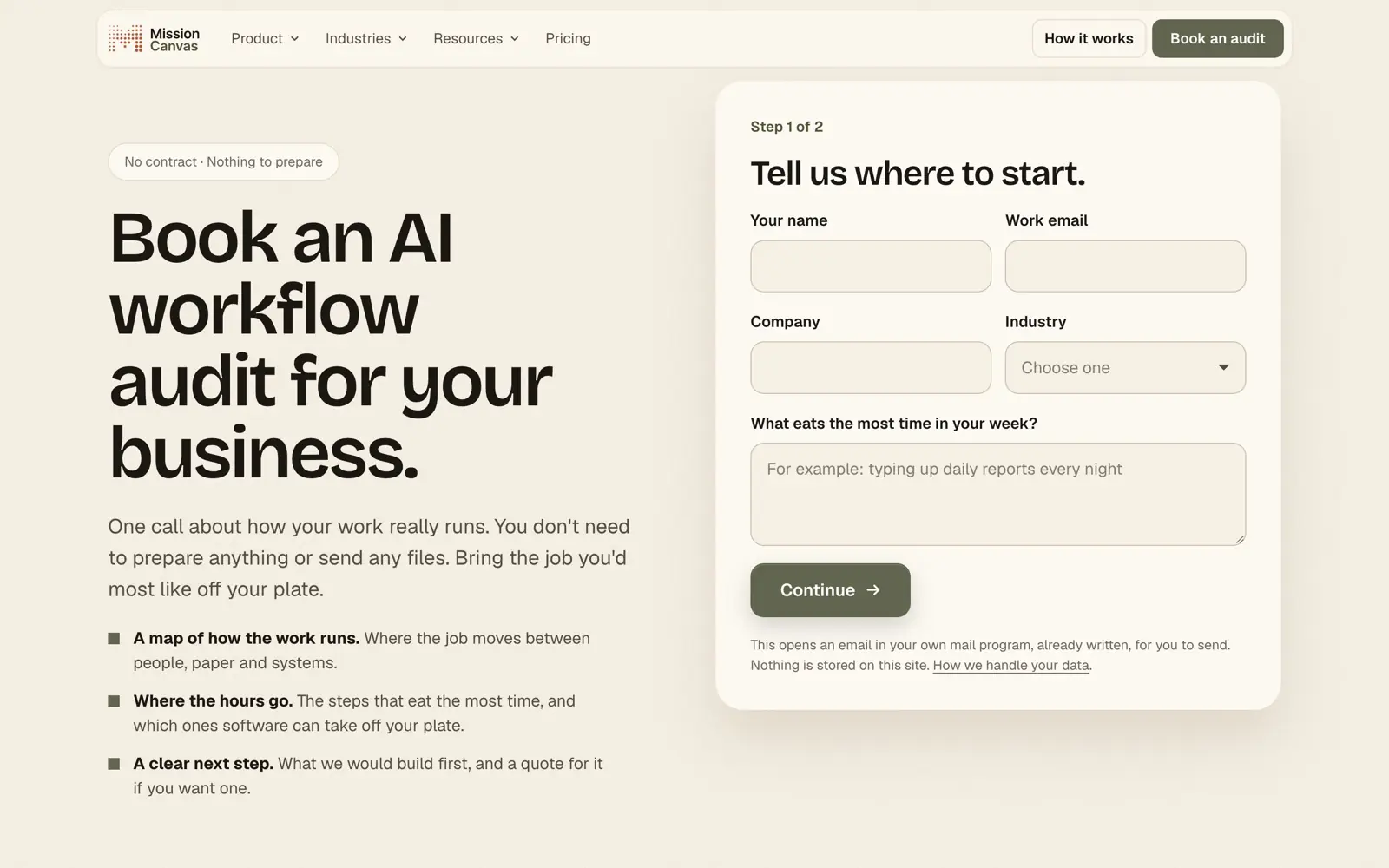 Step 1 of 2 of the audit form, headed Tell us where to start., with fields for name, work email, company, an industry menu, and What eats the most time in your week?, a Continue button, and a note that it opens an email in your own mail program and stores nothing on the site.