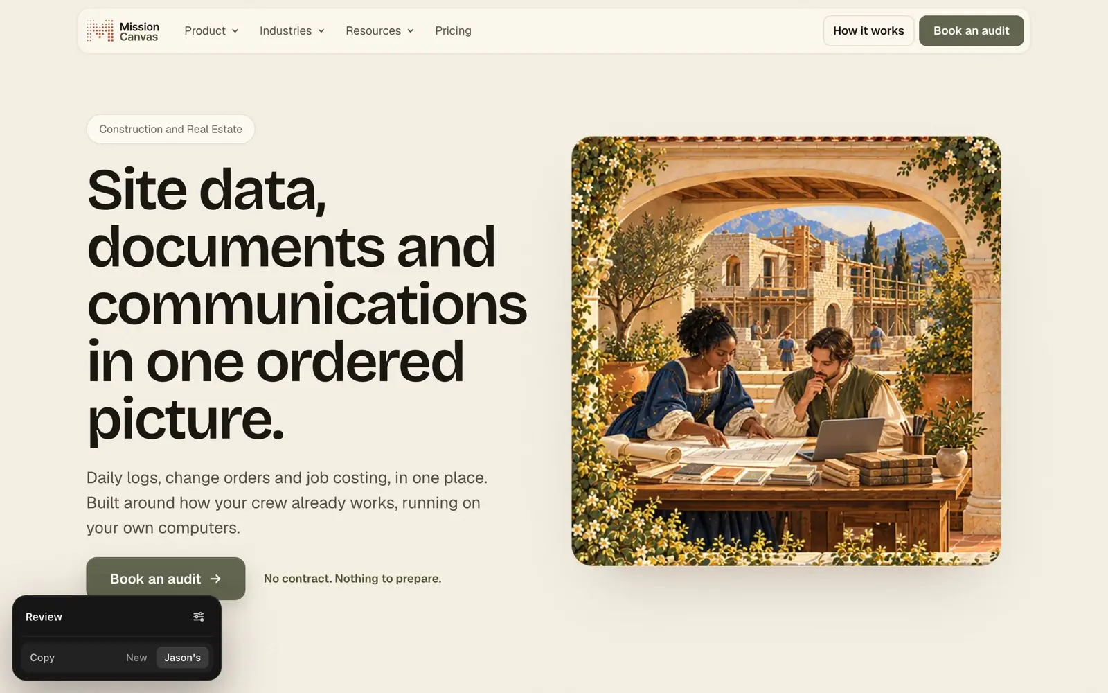 The same Construction page with Jason's copy: the headline Site data, documents and communications in one ordered picture., the same painting, and the Review panel set to Copy: Jason's.
