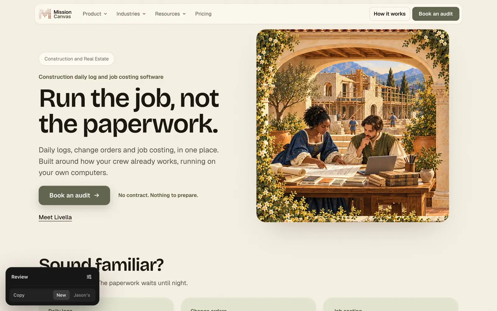 The Construction page with the brief's copy: the headline Run the job, not the paperwork. beside a painting of two people reviewing plans at a table under an arch, with a Review panel in the corner set to Copy: New.
