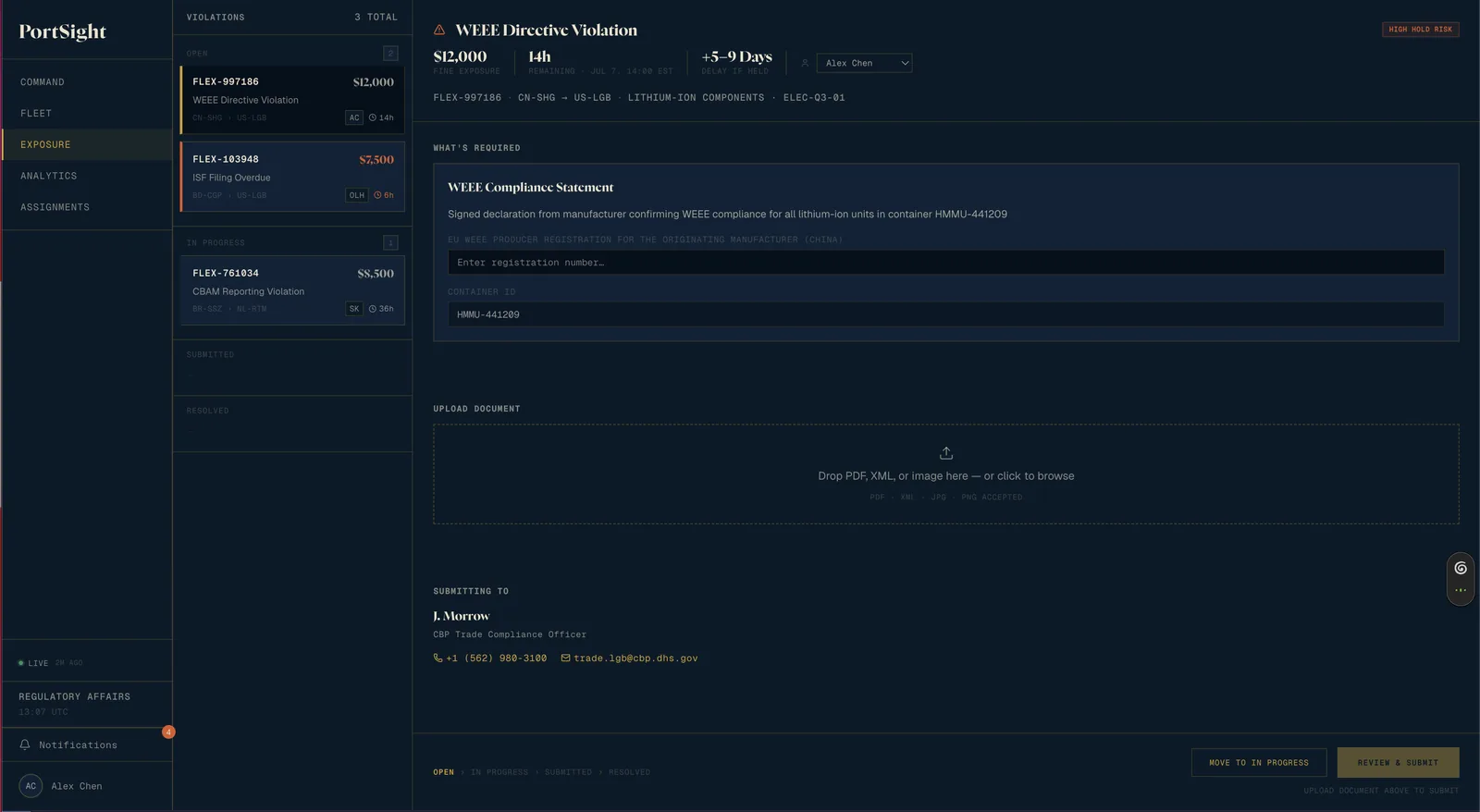 The shipped triage board: violations grouped under Open, In Progress, Submitted, and Resolved on the left, with a full action view for one violation on the right showing required fields, an upload zone, and the receiving officer’s contact details.