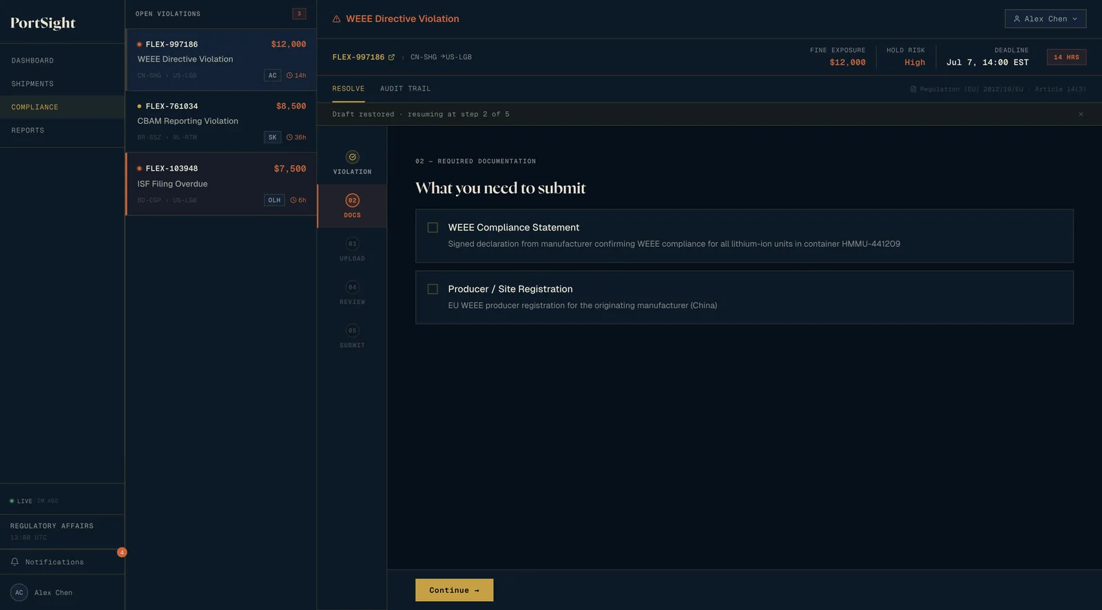 The rejected wizard: a vertical five-step rail reading Violation, Docs, Upload, Review, Submit, with step two showing two documentation checkboxes and a Continue button.