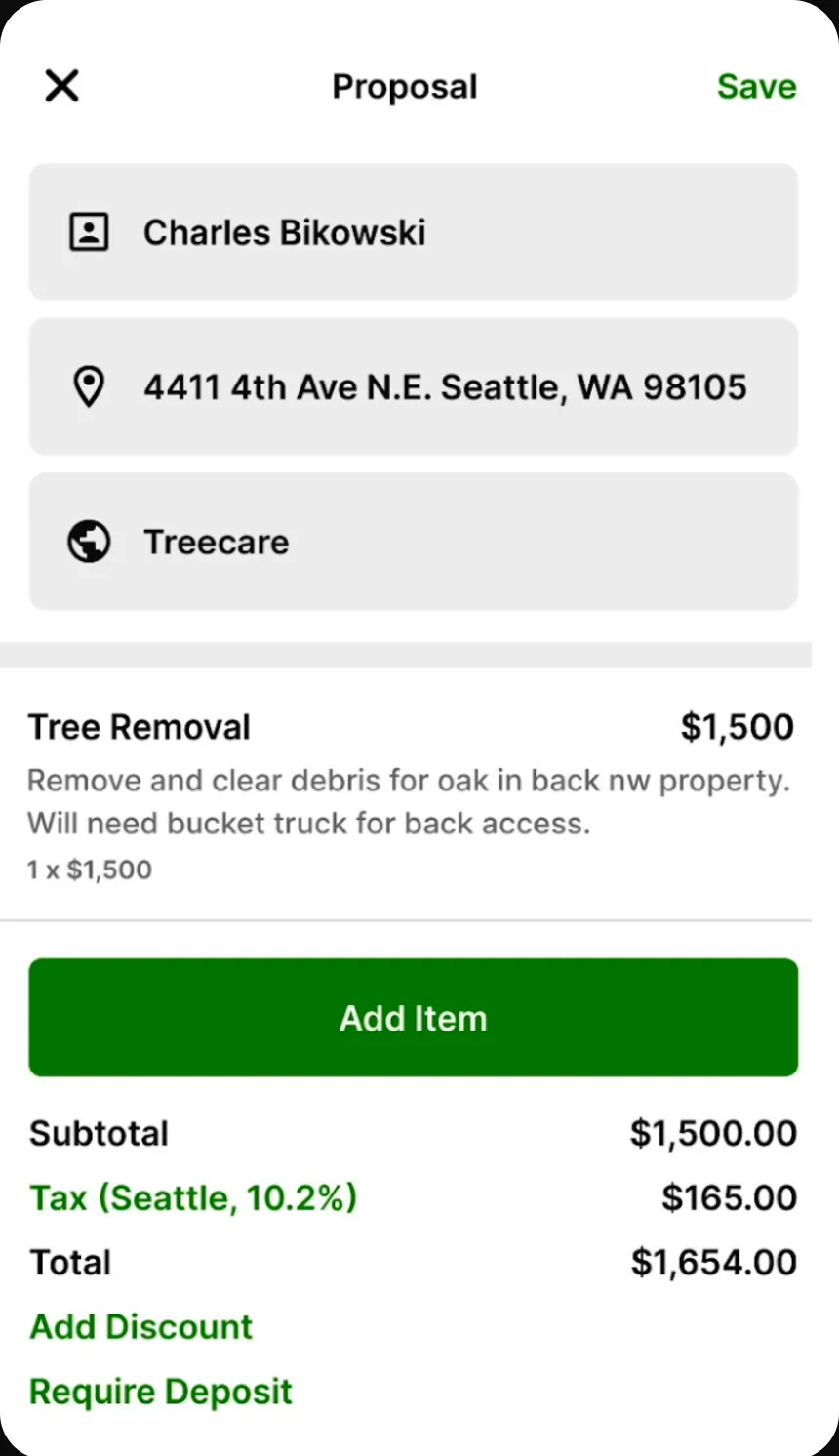 The proposal with a Tree Removal line item at $1,500 and its scope note, followed by a subtotal of $1,500, Seattle tax at 10.2% of $165, a total of $1,654, and links to add a discount or require a deposit.