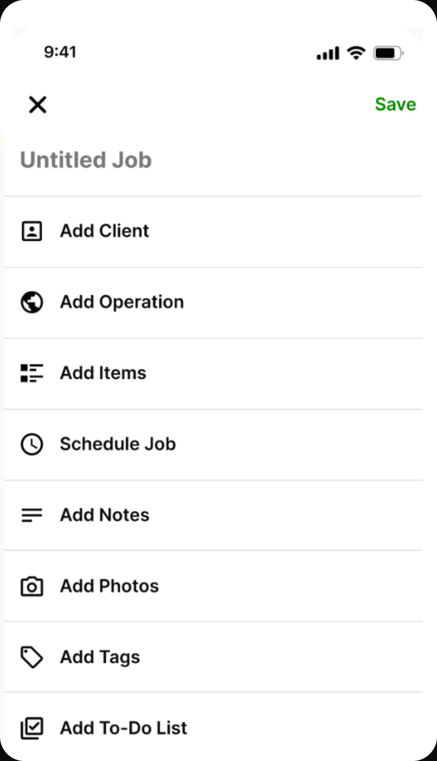 An Untitled Job screen with the same field pattern as the proposal, so Add Client, Add Operation, and Add Items, plus Schedule Job, Add Notes, Add Photos, Add Tags, and Add To-Do List.