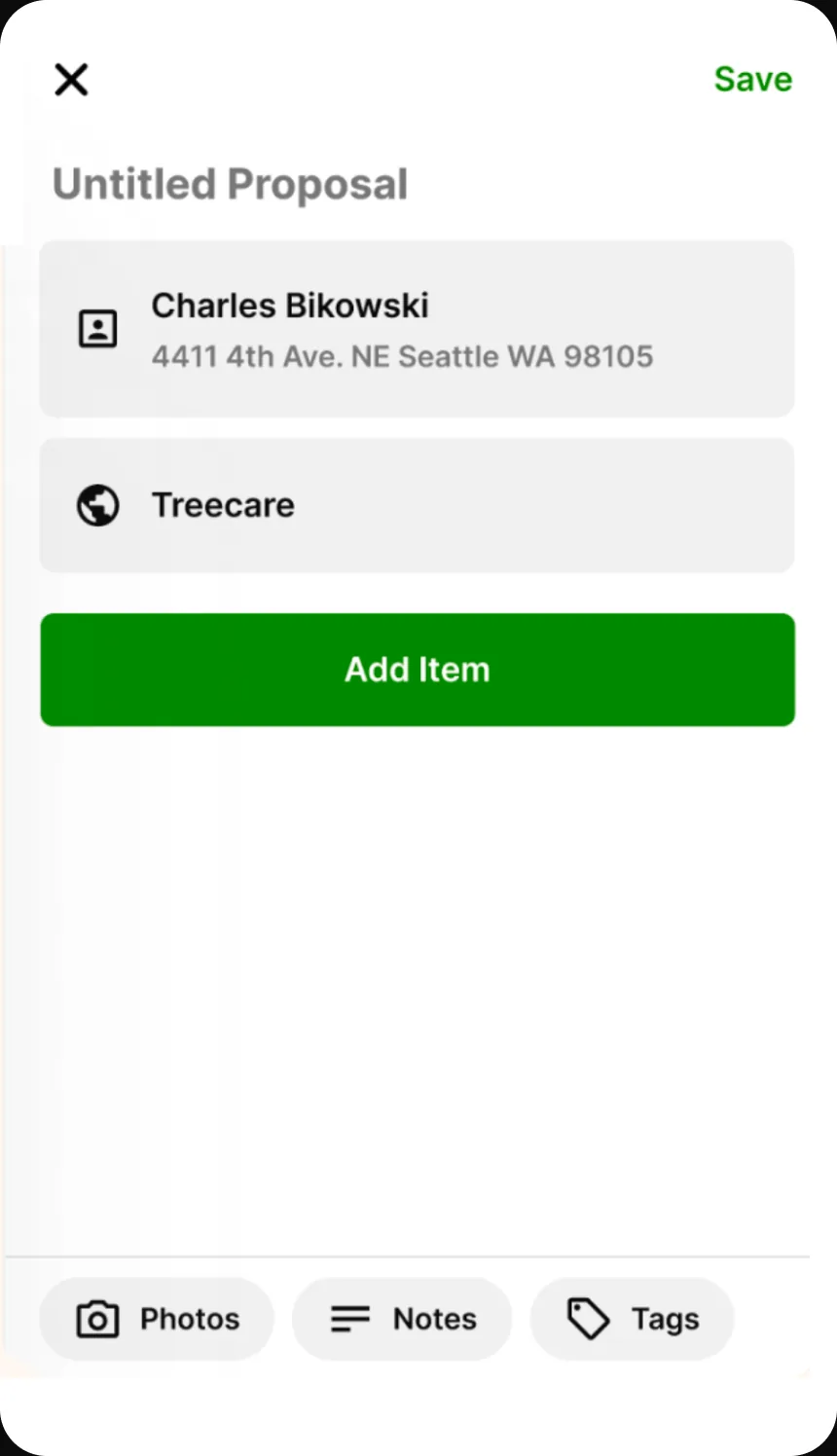 The same proposal form with the client and address merged into a single row above the operation, a full-width Add Item button, and Photos, Notes, and Tags moved to a bar pinned along the bottom of the screen.