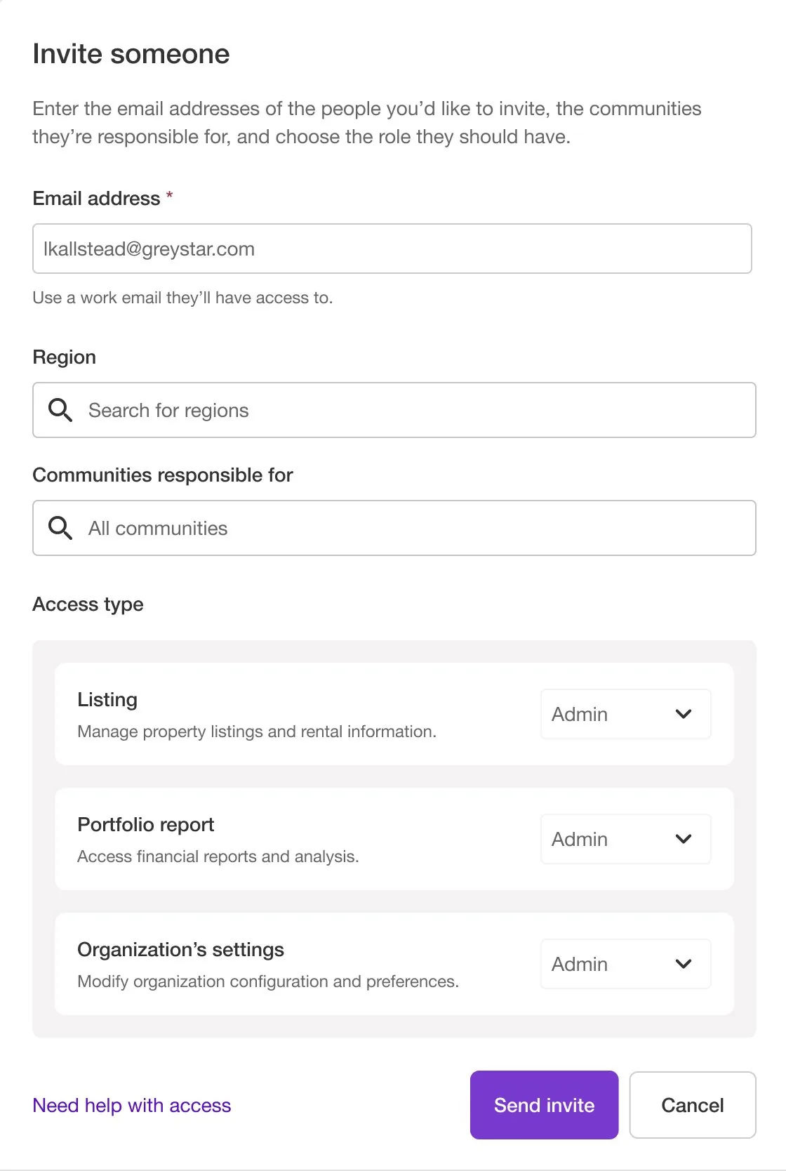 The invite form. Below the email address, region, and communities fields, an access type panel lists three products — listing, portfolio report, and organization's settings — each with its own separate role dropdown rather than one role covering all three.