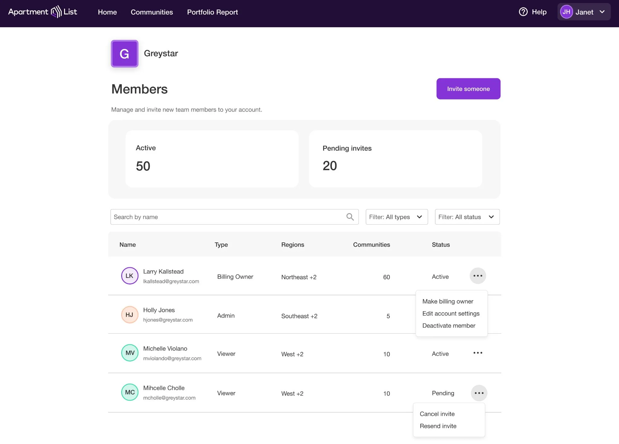 The members table that shipped. Four people are listed, each with their own access type — billing owner, admin, viewer, viewer — alongside the regions and the number of communities each one covers, so two people holding the same type still show different scope.